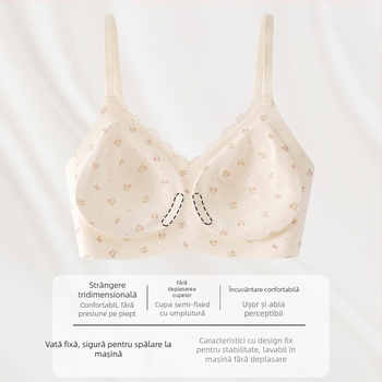 Sutien fără sârmă, cu dantelă florală mică, fără cusături, cupă 3/4 cu formă medie, bretele fixe, închidere spate cu patru rânduri de cârlige