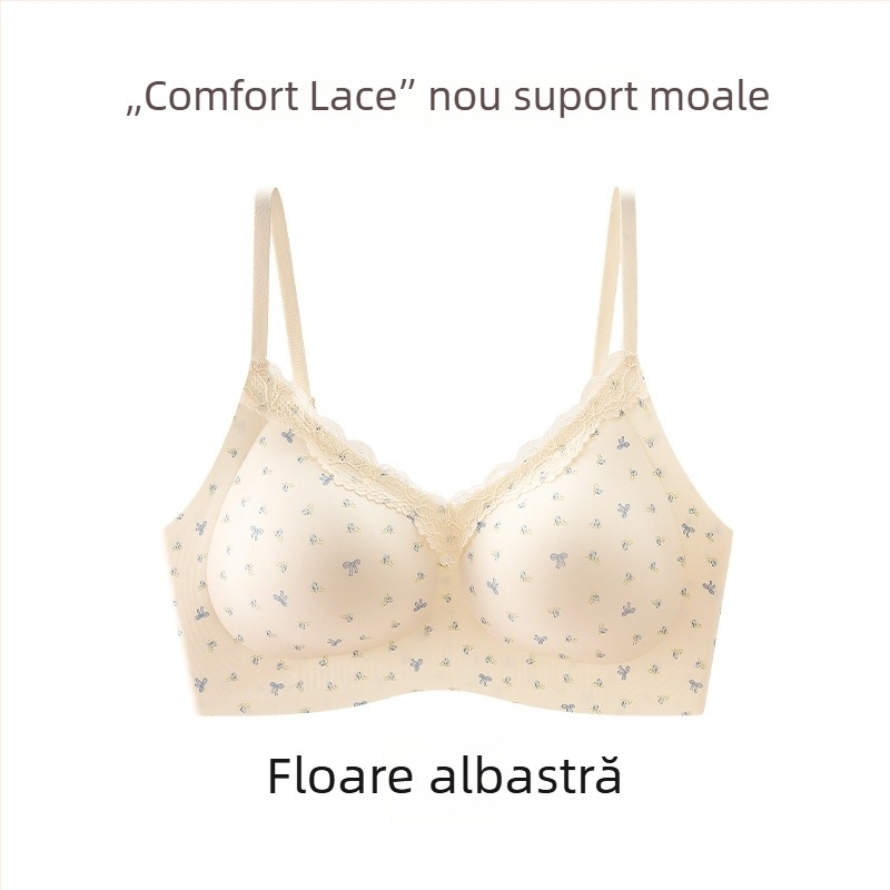 Sutien fără sârmă, cu dantelă florală mică, fără cusături, cupă 3/4 cu formă medie, bretele fixe, închidere spate cu patru rânduri de cârlige