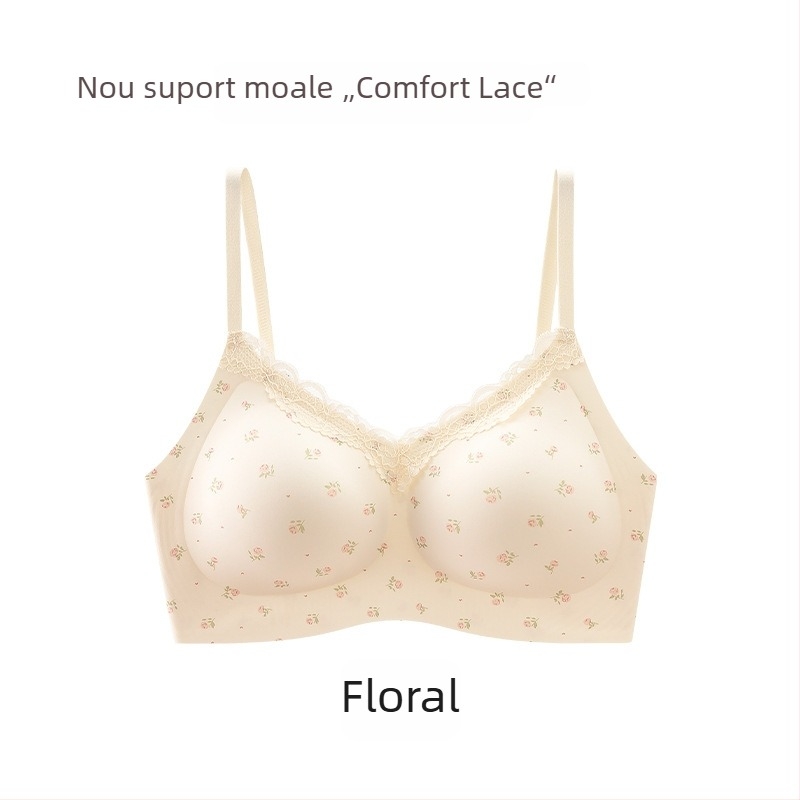 Sutien fără sârmă, cu dantelă florală mică, fără cusături, cupă 3/4 cu formă medie, bretele fixe, închidere spate cu patru rânduri de cârlige