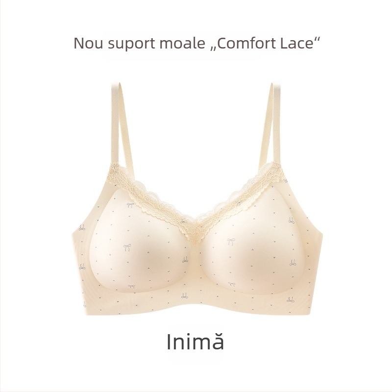 Sutien fără sârmă, cu dantelă florală mică, fără cusături, cupă 3/4 cu formă medie, bretele fixe, închidere spate cu patru rânduri de cârlige