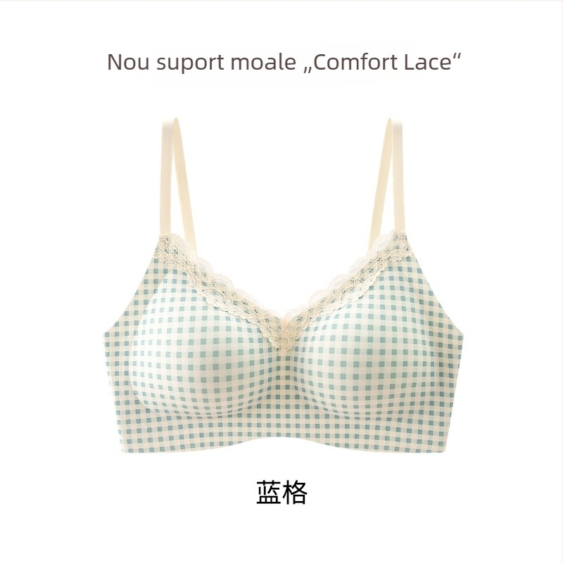 Sutien fără sârmă, cu dantelă florală mică, fără cusături, cupă 3/4 cu formă medie, bretele fixe, închidere spate cu patru rânduri de cârlige