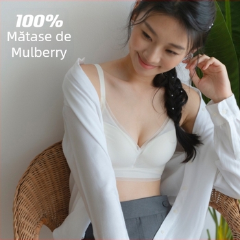Sutien wireless cu cupă 3/4, design fără cusături; material principal nylon 70-80%; căptușeală din mătase Mulberry; bretele fixe, dublu; închidere în spate cu trei rânduri