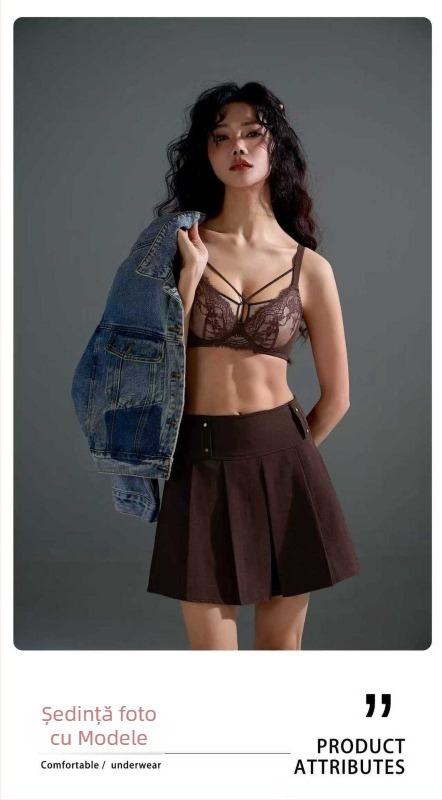 Sutien dantelat din nailon cu cupe modelate ultra-subțiri, căptușeală din bumbac, bretele fixe și închidere la spate cu trei rânduri de cârlige