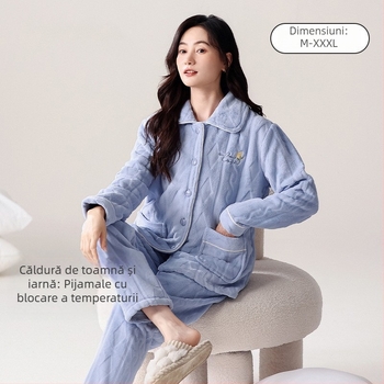 Set de pijamale din fleece coral pentru femei, gros, poliester 95–100%, 251–300 g/m², guler rever, top cu mâneci lungi și pantaloni (toamnă/iarnă)