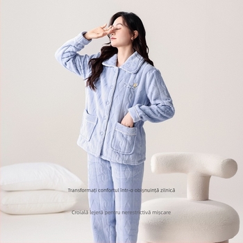 Set de pijamale din fleece coral pentru femei, gros, poliester 95–100%, 251–300 g/m², guler rever, top cu mâneci lungi și pantaloni (toamnă/iarnă)