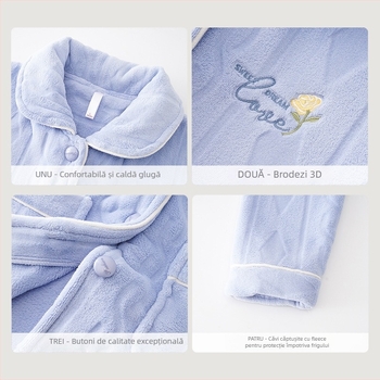 Set de pijamale din fleece coral pentru femei, gros, poliester 95–100%, 251–300 g/m², guler rever, top cu mâneci lungi și pantaloni (toamnă/iarnă)