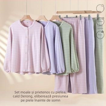 Set de pijamale femei, căptușit cu fleece, poliester 90–95%, grosime medie 181–200 g/m², guler rotund, mâneci lungi, pantaloni, stil japonez, Cottononi