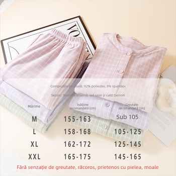 Set de pijamale femei, căptușit cu fleece, poliester 90–95%, grosime medie 181–200 g/m², guler rotund, mâneci lungi, pantaloni, stil japonez, Cottononi