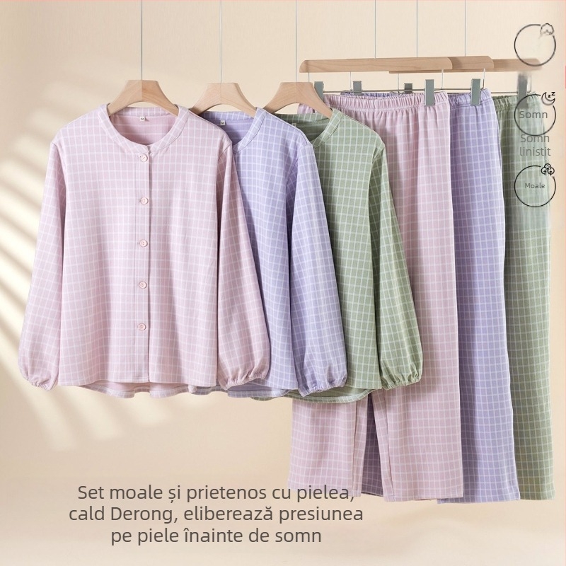 Set de pijamale femei, căptușit cu fleece, poliester 90–95%, grosime medie 181–200 g/m², guler rotund, mâneci lungi, pantaloni, stil japonez, Cottononi