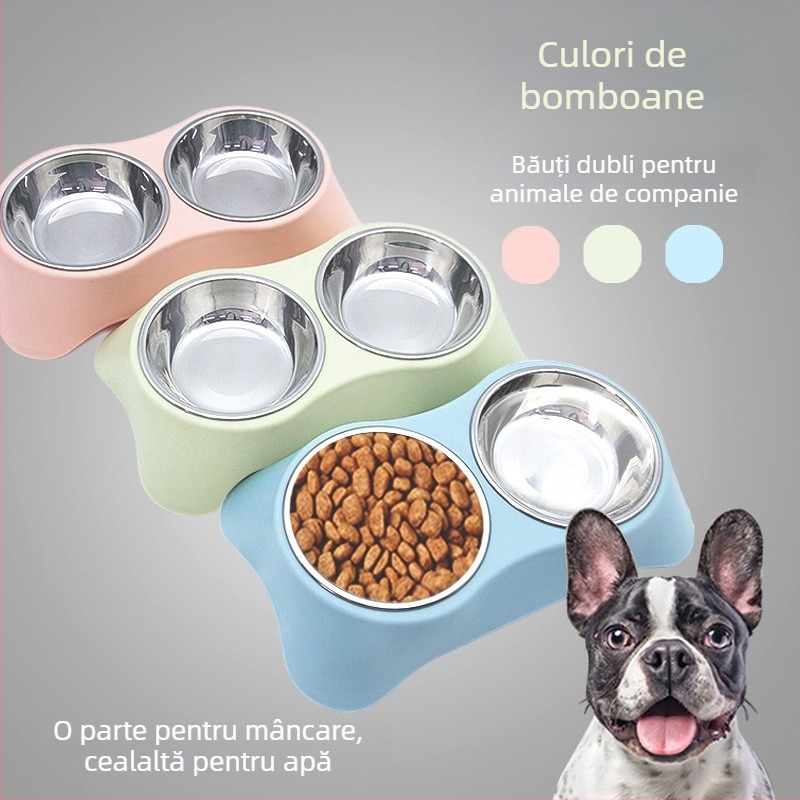 Bol dublu pentru animale de companie din oțel inoxidabil, design integrat, anti-vărsare, potrivit pentru pisici și câini