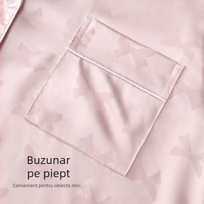 Set de pijamale din mătase artificială pentru femei, mâneci lungi, două piese, poliester