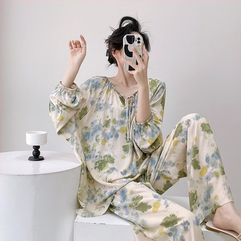 Set de pijamale pentru femei, din bumbac-silkoze viscoză, mâneci lungi, guler tip lapel, țesătură subțire 121–140 g/m², pantaloni