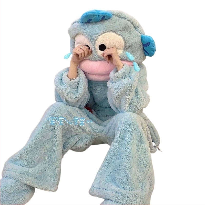 Pijamă unic din bumbac țesut, cu guler înalt, ultra-groasă, mâneci lungi pentru căldură