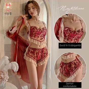 Set din două piese: Camișol sexy pentru dormit cu decolteu în V, fără mâneci, pantaloni scurți, material tricot ușor