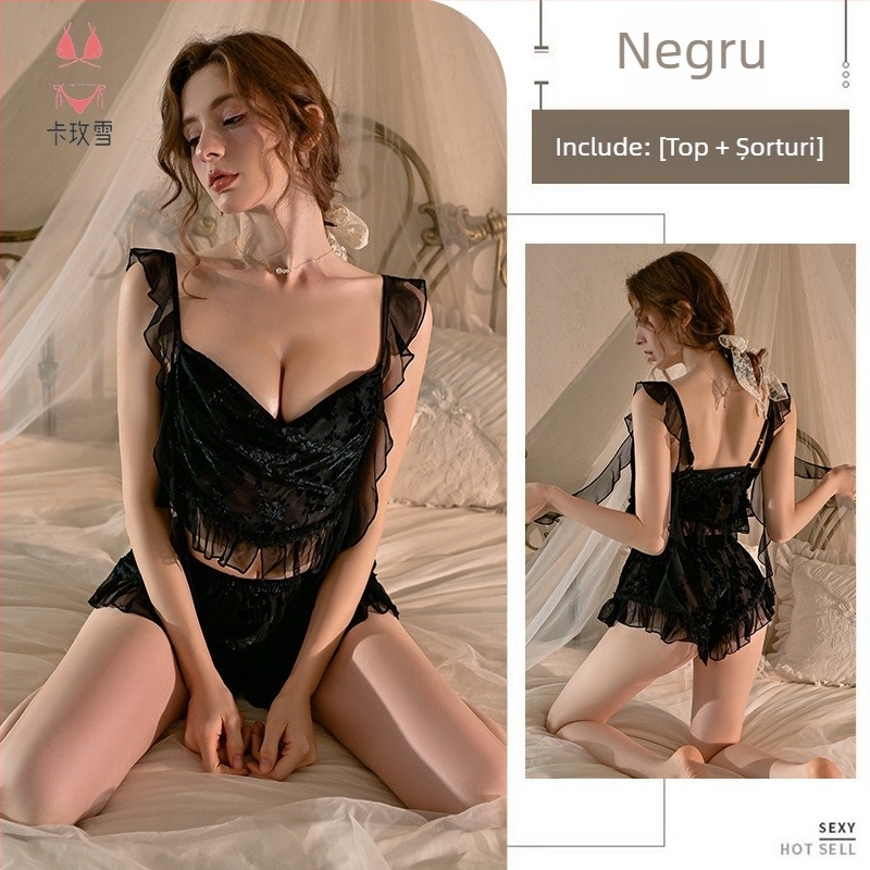 Set din două piese: Camișol sexy pentru dormit cu decolteu în V, fără mâneci, pantaloni scurți, material tricot ușor