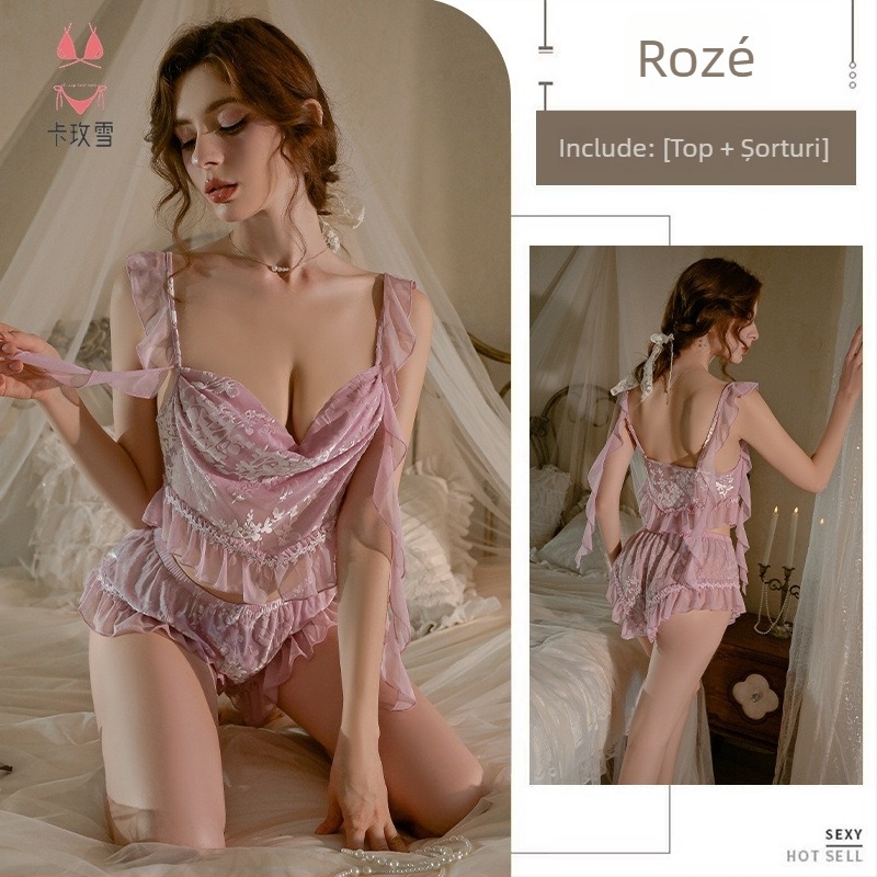 Set din două piese: Camișol sexy pentru dormit cu decolteu în V, fără mâneci, pantaloni scurți, material tricot ușor