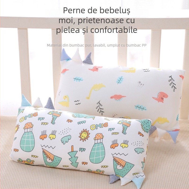 Pernă pentru copii, dreptunghiulară, cu fibre de bambus și nucleu din bumbac, profil redus 1–5 cm, stil desen animat