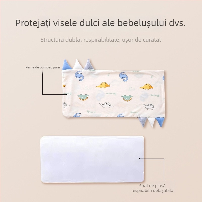 Pernă pentru copii, dreptunghiulară, cu fibre de bambus și nucleu din bumbac, profil redus 1–5 cm, stil desen animat