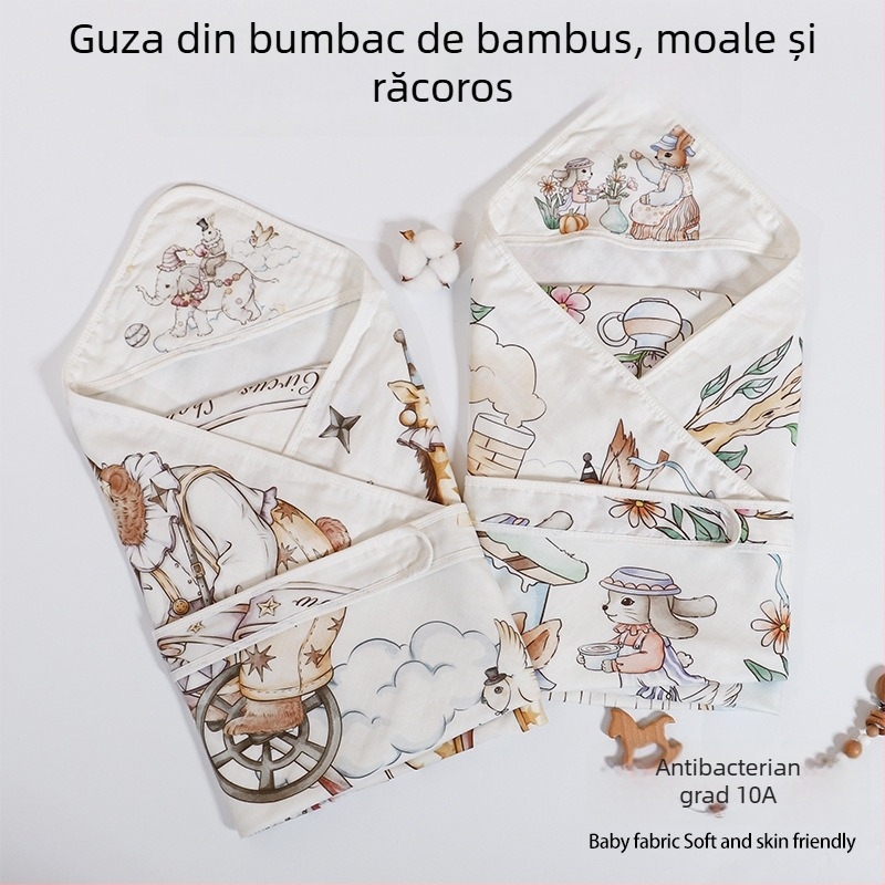 Pătură pentru înfășat nou-născuți, fibre de bambus, vară ușoară, până la 0,5 kg, design cartoon