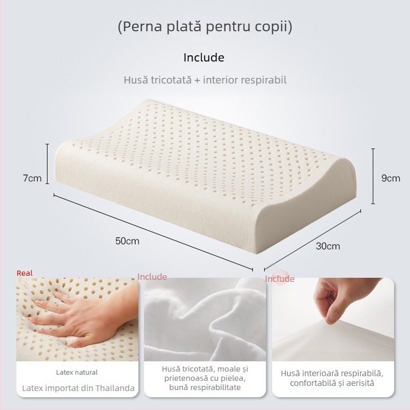 Pernă din latex natural, formă dreptunghiulară, greutate 1,0–1,5 kg, personalizare disponibilă, potrivită pentru copii și adulți