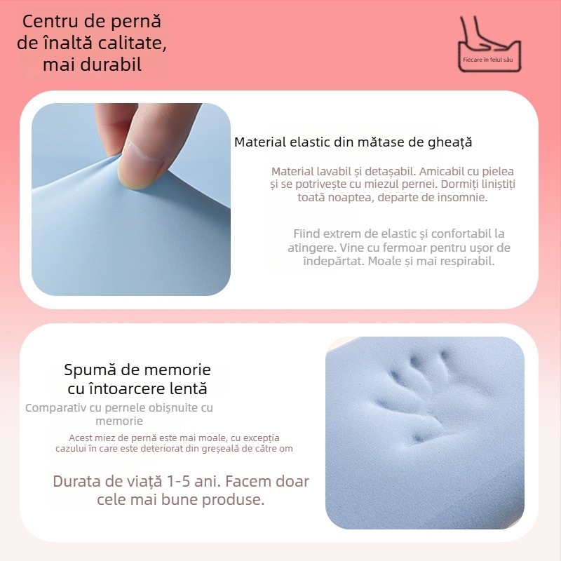 Perna de somn profund cu spumă memory și suport cervical, dreptunghiulară, înălțime 5–10 cm, husă Ice Silk, pentru o singură persoană
