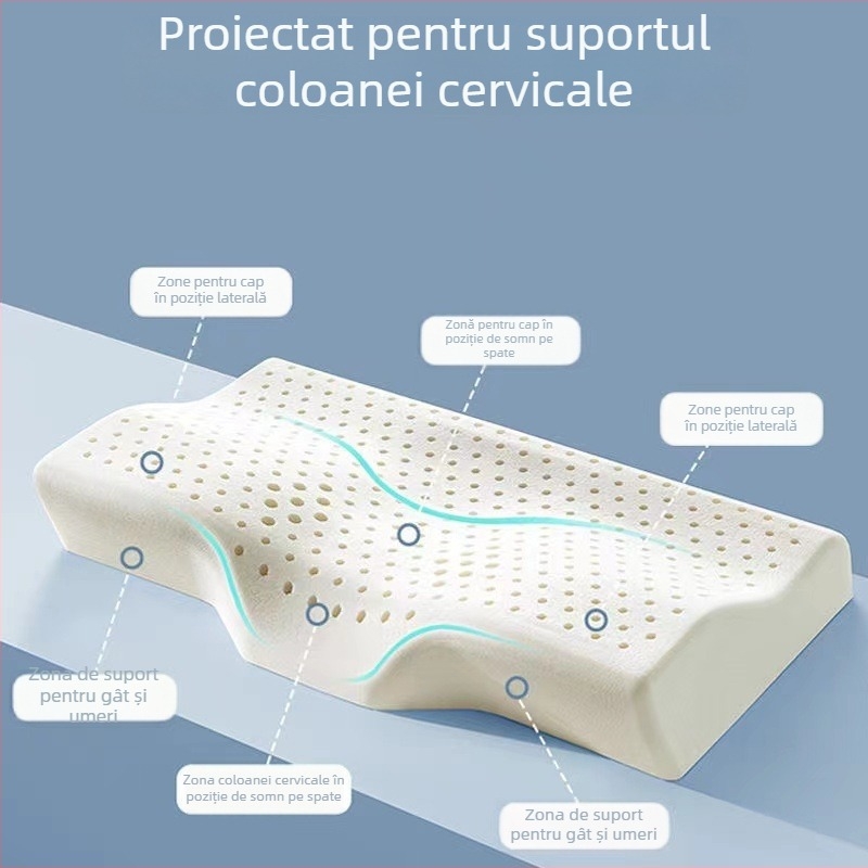 Perna cervicală în formă de fluture, latex natural, conținut latex 80–90%, nucleu tricotat, greutate 1,0–1,5 kg