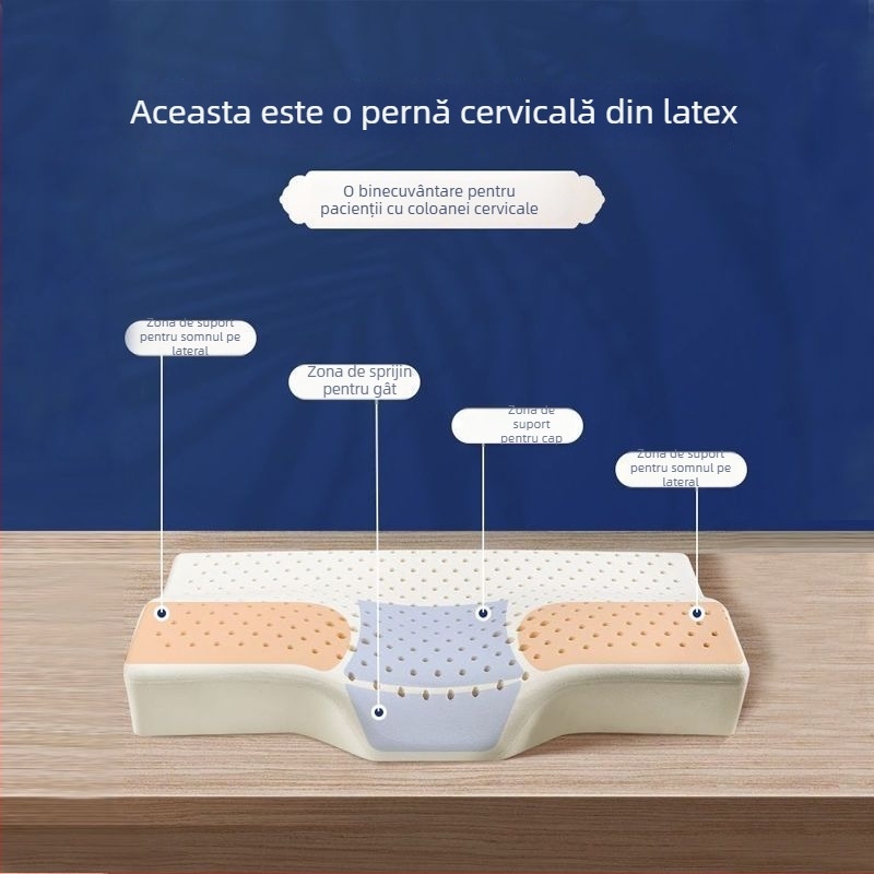Perna cervicală în formă de fluture, latex natural, conținut latex 80–90%, nucleu tricotat, greutate 1,0–1,5 kg