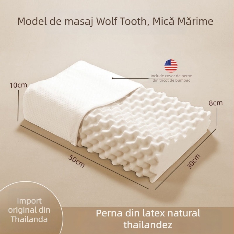 Pernă pentru copii din latex natural, dreptunghiular, țesătură tricotată, conținut latex 90%+, greutate 0.5–1.0 kg