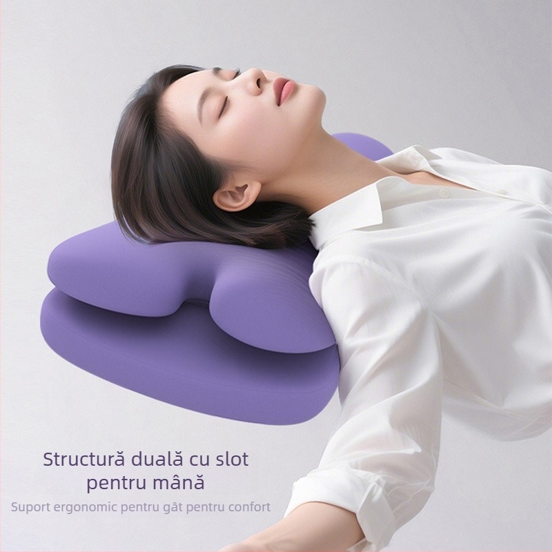 Perna dublă pentru somn cu memory foam, fără presiune, anti-rid, senzație duală, protecție pentru gât pentru somnul pe o parte, formă dreptunghiulară