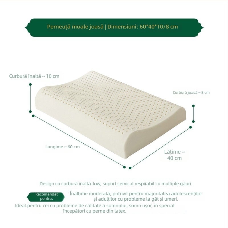 Pernă din latex natural, conținut latex 90%+, husă tricotată, formă ondulată, greutate 1.0–1.5 kg, pentru adulți
