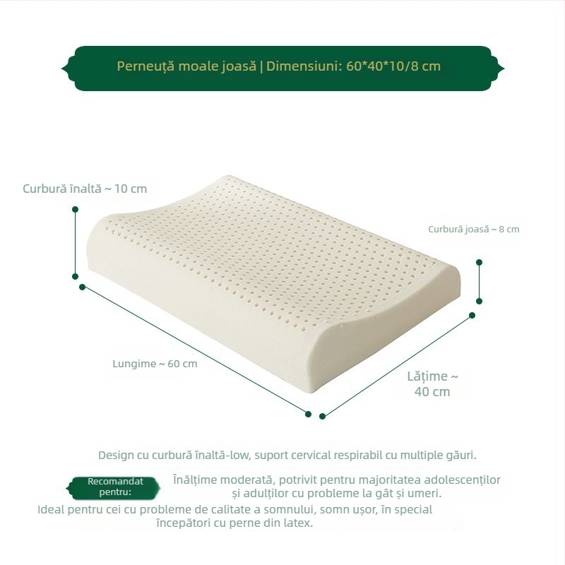 Pernă din latex natural, conținut latex 90%+, husă tricotată, formă ondulată, greutate 1.0–1.5 kg, pentru adulți