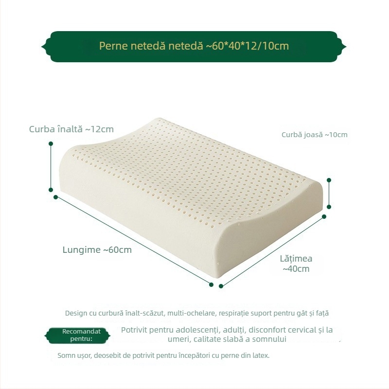 Pernă din latex natural, conținut latex 90%+, husă tricotată, formă ondulată, greutate 1.0–1.5 kg, pentru adulți