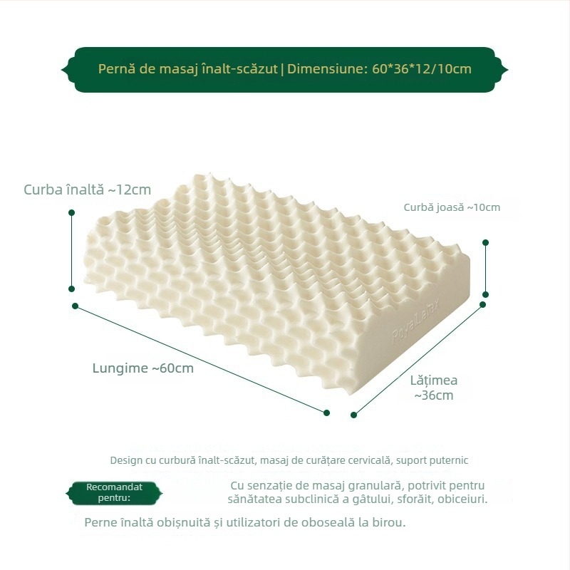 Pernă din latex natural, conținut latex 90%+, husă tricotată, formă ondulată, greutate 1.0–1.5 kg, pentru adulți
