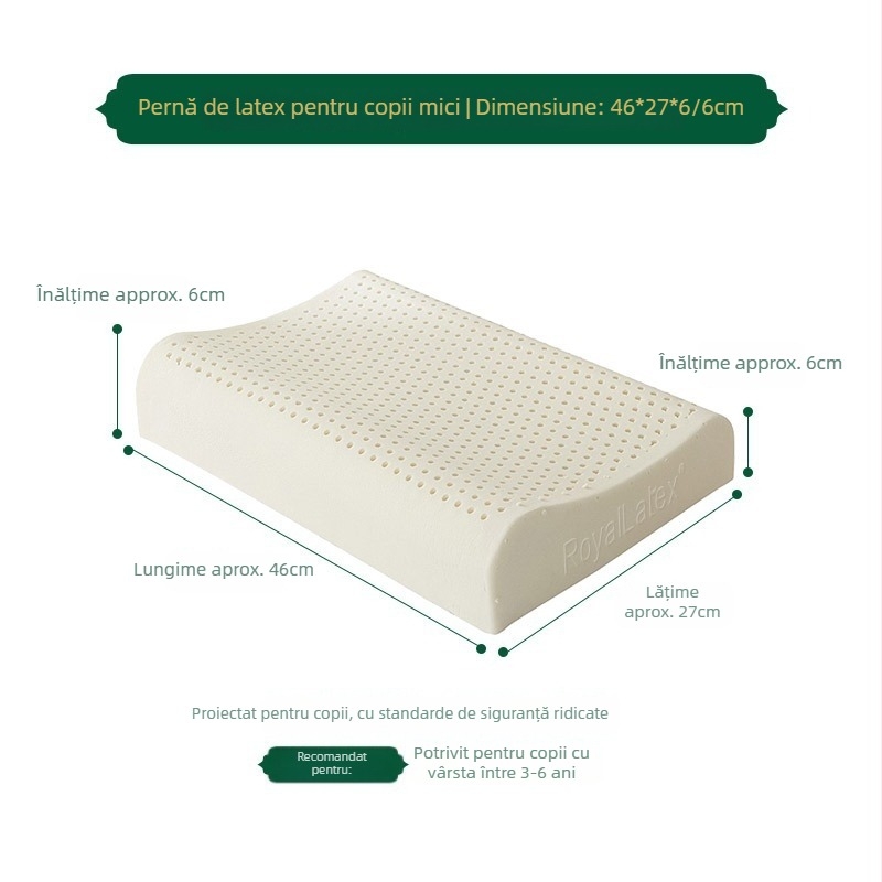 Pernă din latex natural, conținut latex 90%+, husă tricotată, formă ondulată, greutate 1.0–1.5 kg, pentru adulți
