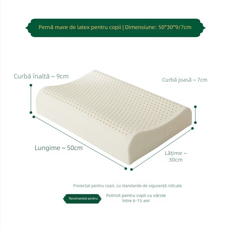 Pernă din latex natural, conținut latex 90%+, husă tricotată, formă ondulată, greutate 1.0–1.5 kg, pentru adulți