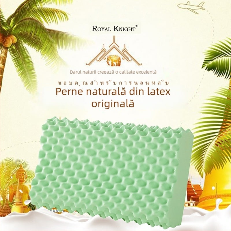 Royal Knight Pernă din latex natural, formă dreptunghiulară, conținut latex >90%, greutate 2–3 kg, miez din 100% bumbac