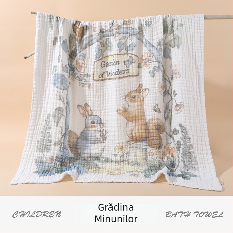 Prosop de baie pentru bebeluși, 100% bumbac, pânză de gază 6 straturi, pentru nou-născuți, absorbant, imprimeu Cartoon, uscare rapidă, 300–400 g