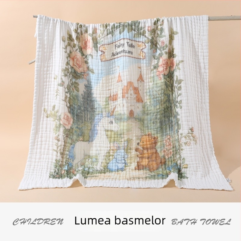 Prosop de baie pentru bebeluși, 100% bumbac, pânză de gază 6 straturi, pentru nou-născuți, absorbant, imprimeu Cartoon, uscare rapidă, 300–400 g