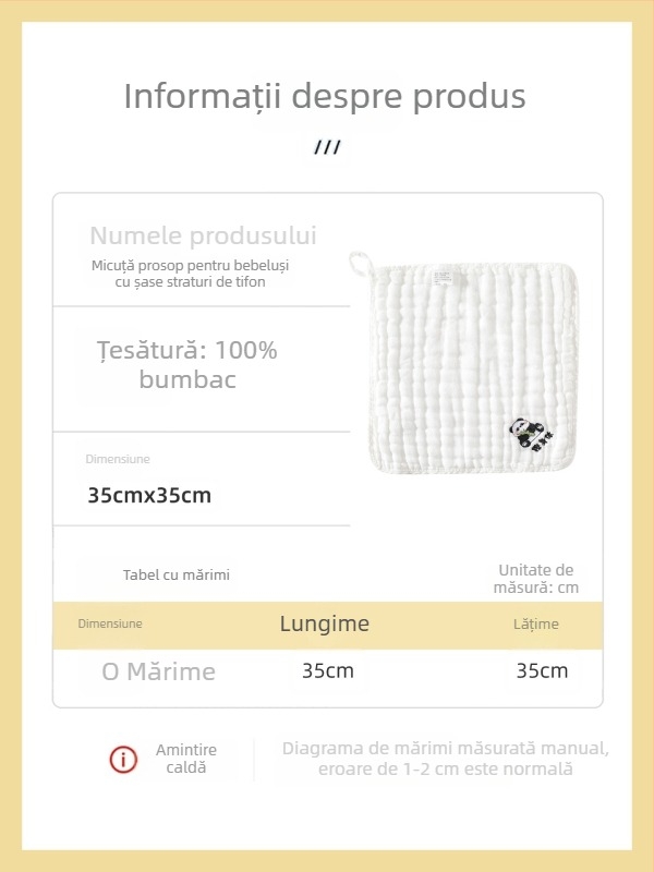 Prosop de față pentru bebeluți din bumbac pur, tifon cu șase straturi — absorbție ridicată, model desen animat, Jay Lion Bibi