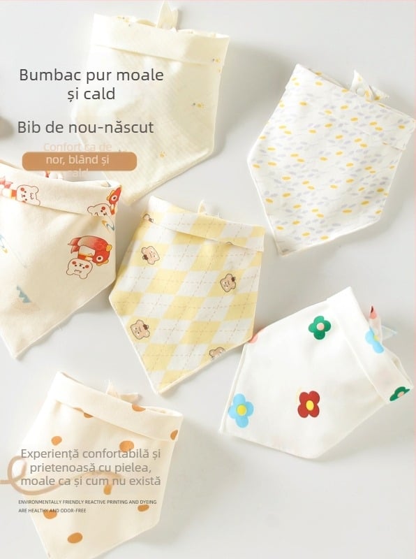 Bibs triangulare pentru bebeluși, din bumbac pur (>95%), impermeabile și rezistente la murdărie, potrivite pentru sugari și copii mici (0–3 ani, 80–100 cm), cu imprimeuri animale, desene, litere sau flori
