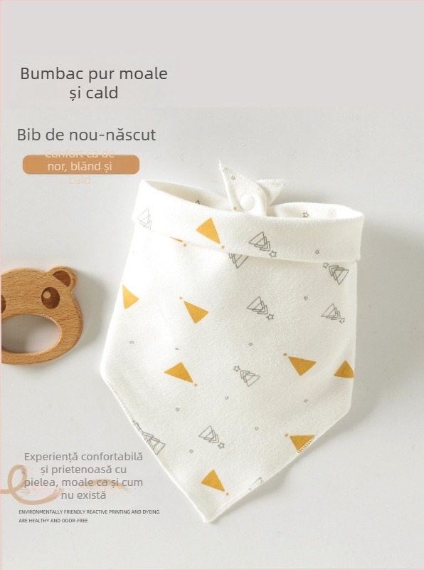 Bibs triangulare pentru bebeluși, din bumbac pur (>95%), impermeabile și rezistente la murdărie, potrivite pentru sugari și copii mici (0–3 ani, 80–100 cm), cu imprimeuri animale, desene, litere sau flori