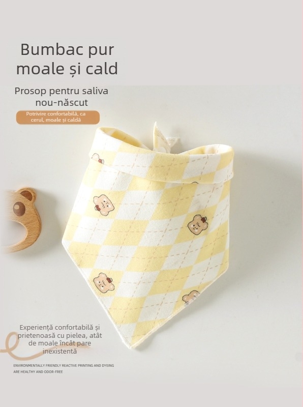 Bibs triangulare pentru bebeluși, din bumbac pur (>95%), impermeabile și rezistente la murdărie, potrivite pentru sugari și copii mici (0–3 ani, 80–100 cm), cu imprimeuri animale, desene, litere sau flori