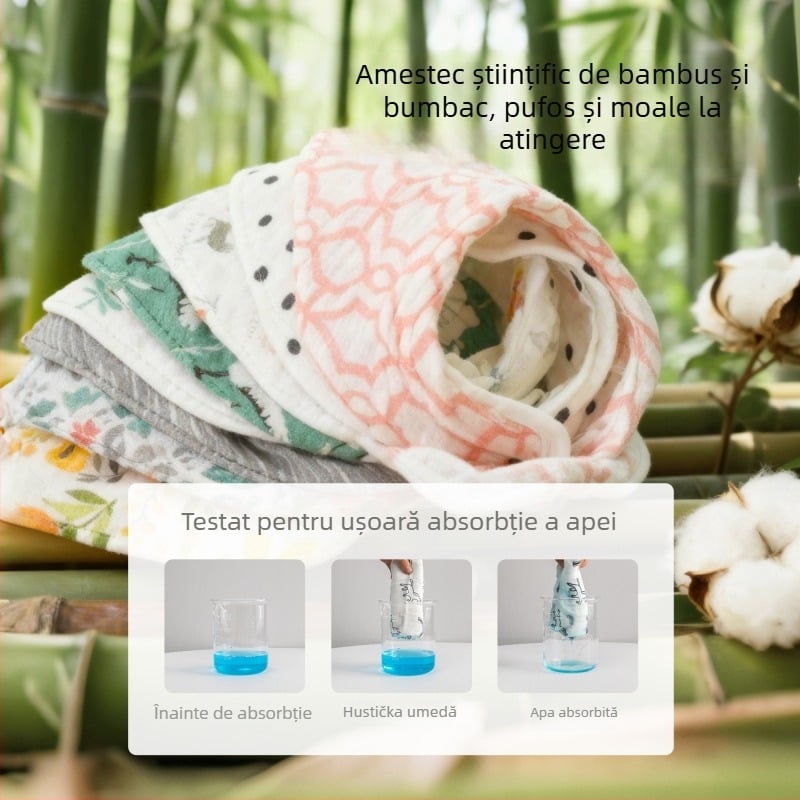 Bavetă pentru bebeluși, triunghiulară, din amestec bambus-bumbac 70/30, absorbantă, pentru nou-născuți 0–1 an, imprimeu desene animate