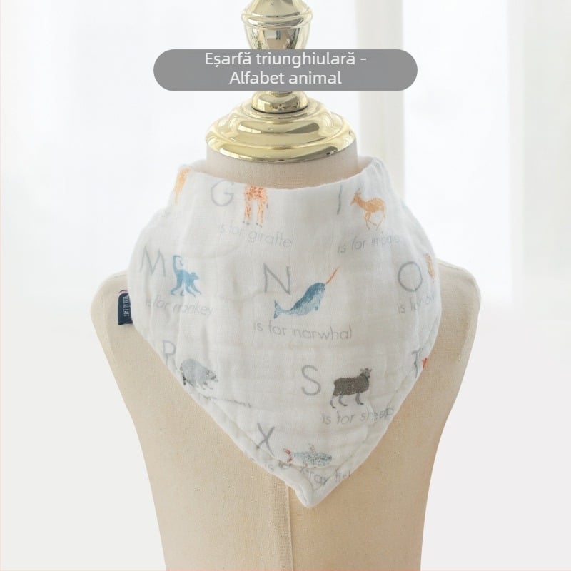 Bavetă pentru bebeluși, triunghiulară, din amestec bambus-bumbac 70/30, absorbantă, pentru nou-născuți 0–1 an, imprimeu desene animate
