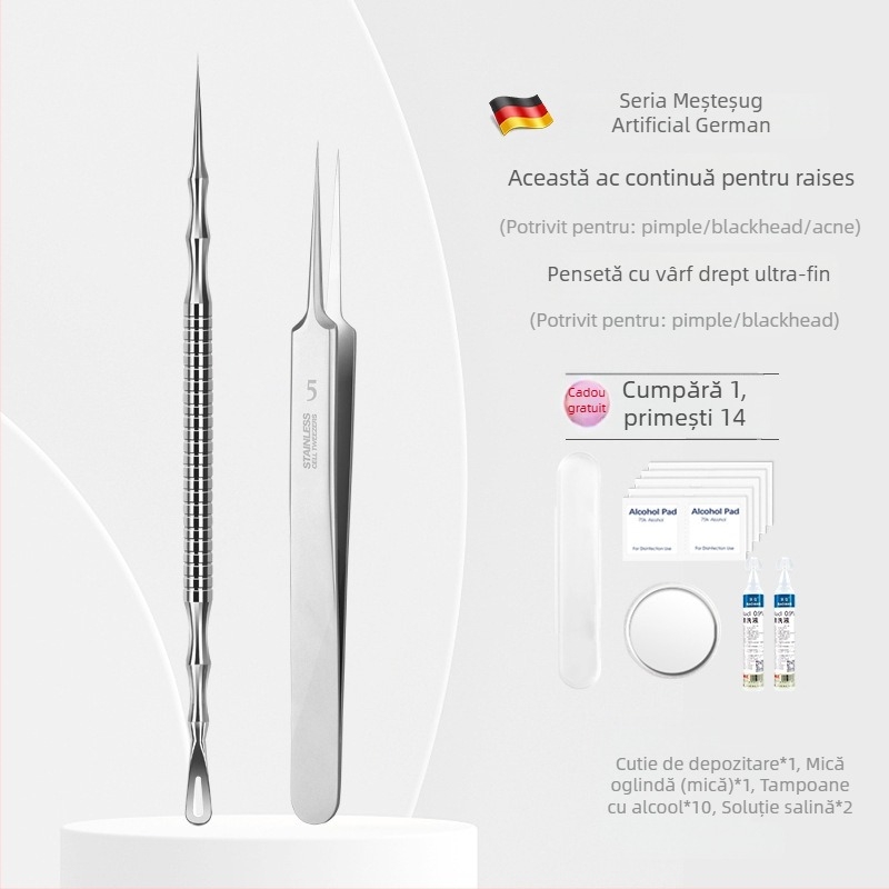 Set de instrumente pentru acnee și extractor de comedoane, vârf ultra-ascuțit Nr. 5, oțel inoxidabil