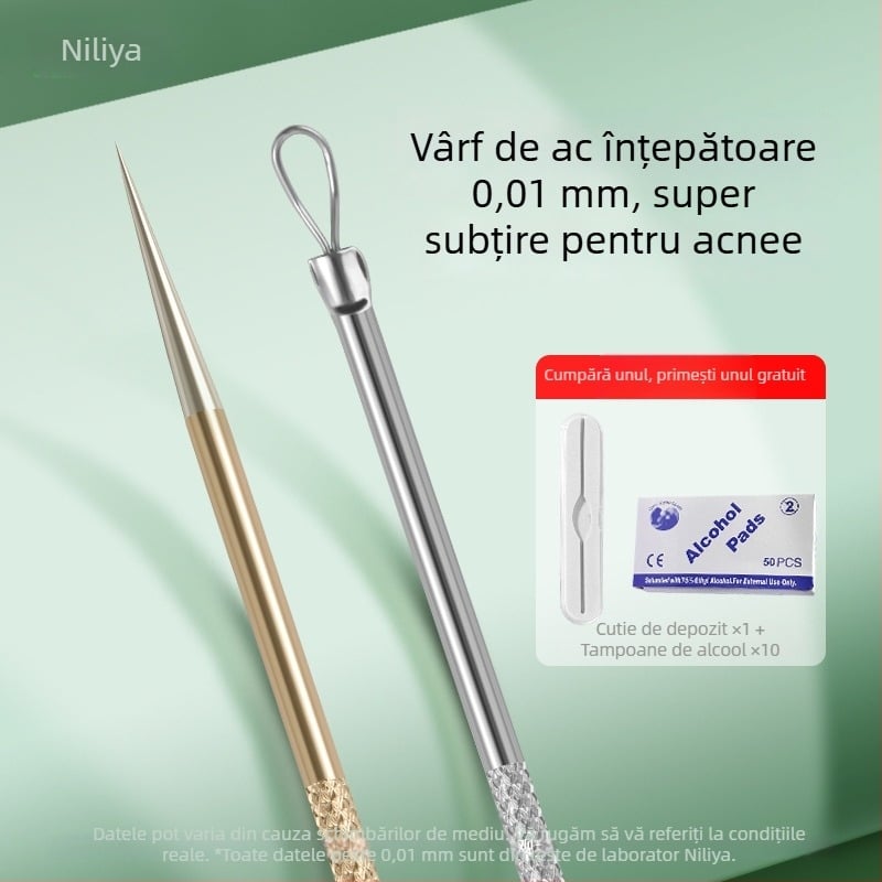 Set profesional de instrumente pentru acnee, cu ace ultra-ascuțite pentru extragerea comedoanelor, din oțel inoxidabil – Nilia