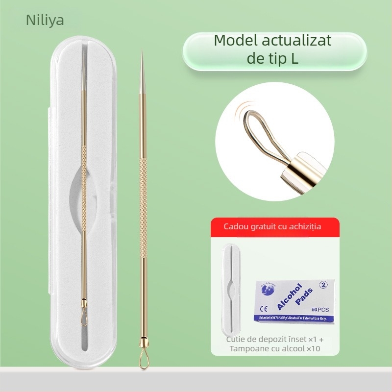 Set profesional de instrumente pentru acnee, cu ace ultra-ascuțite pentru extragerea comedoanelor, din oțel inoxidabil – Nilia