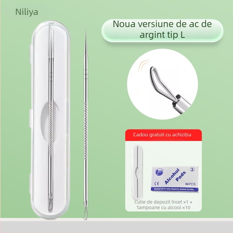 Set profesional de instrumente pentru acnee, cu ace ultra-ascuțite pentru extragerea comedoanelor, din oțel inoxidabil – Nilia