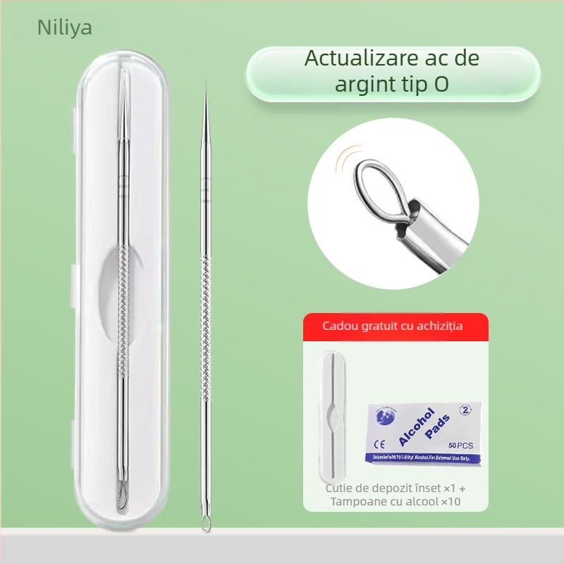 Set profesional de instrumente pentru acnee, cu ace ultra-ascuțite pentru extragerea comedoanelor, din oțel inoxidabil – Nilia