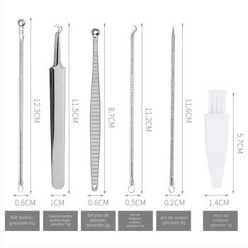 Set de 6 ace pentru acnee, din oțel inoxidabil — include ace pentru puncte negre, pensetă și clips pentru acnee